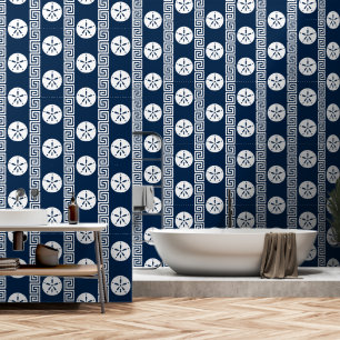 Preppy Sand Dollar Greek Key Navy & White Wallpaper