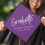 Preppy Script Purple Graduation Cap Topper<br><div class="desc">Customize your graduation cap by adding a personalized graduation cap topper. The graduation cap topper features "Graduate" in a white handwritten script with a purple background or colour of your choice. Personalize the purple graduation cap topper by adding the graduate's name and graduation year.</div>