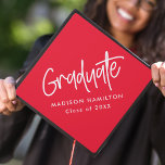 Preppy Script Red  Graduation Cap Topper<br><div class="desc">Customize your graduation cap by adding a personalized graduation cap topper. The graduation cap topper features "Graduate" in a white handwritten script with a red background or colour of your choice. Personalize the red graduation cap topper by adding the graduate's name and graduation year.</div>