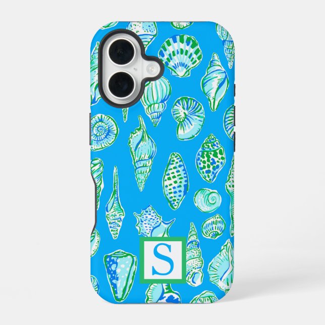 Preppy Sea Shells on Blue Background Monogram iPhone 16 Case (Back)