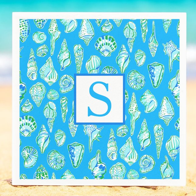 Preppy Sea Shells on Blue Monogram Seaside Napkin (Creator Uploaded)