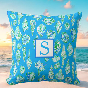 Preppy Sea Shells on Blue Monogram Seaside Throw Pillow