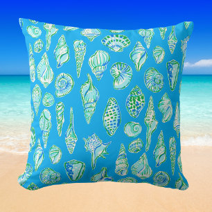 Preppy Sea Shells on Blue Seaside Throw Pillow