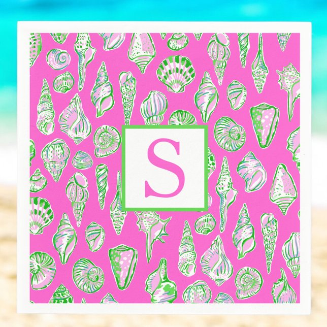 Preppy Sea Shells on Hot Pink Monogram Seaside Napkin (Creator Uploaded)