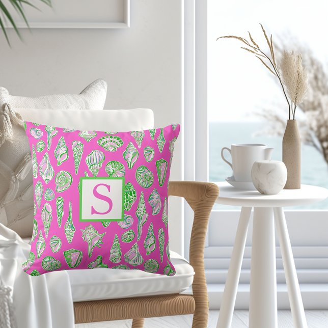 Preppy Sea Shells on Hot Pink Monogram Seaside Throw Pillow (Creator Uploaded)