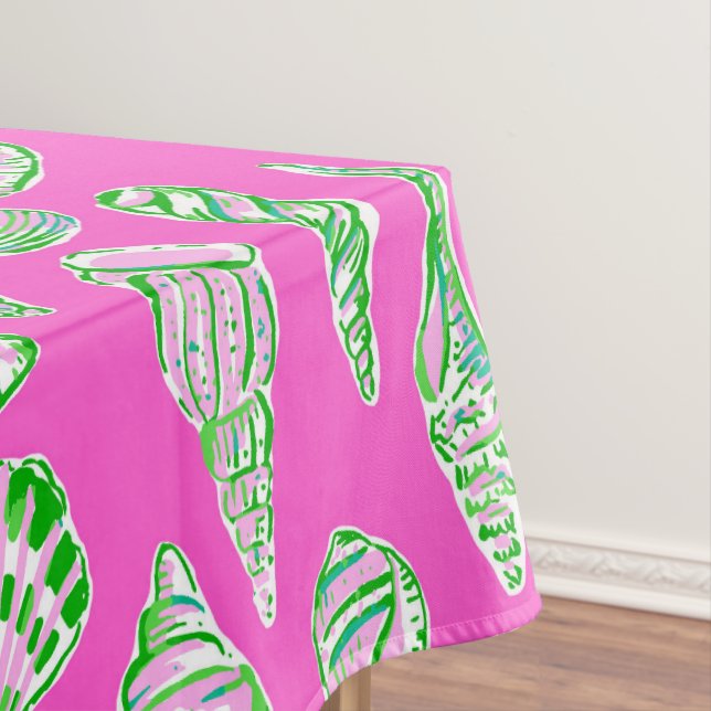 Preppy Sea Shells on Hot Pink Seaside Tablecloth (In Situ)