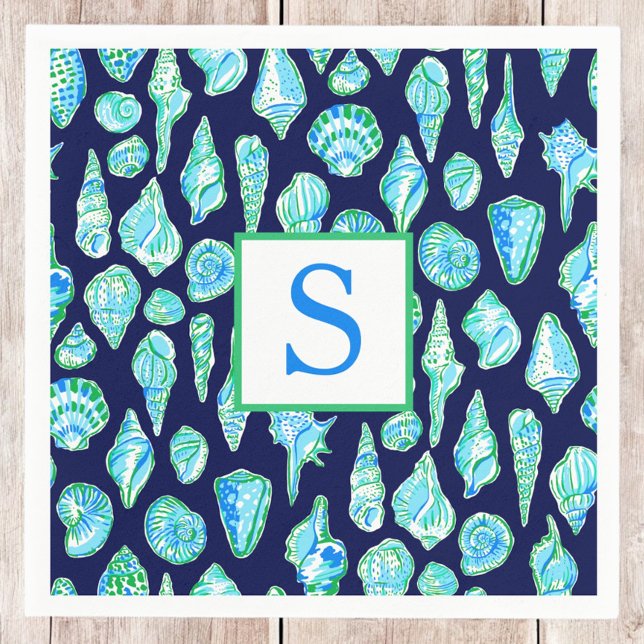 Preppy Sea Shells on Navy Background Monogram Napkin (Creator Uploaded)