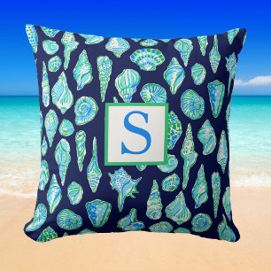 Preppy Sea Shells on Navy Background Monogram Throw Pillow