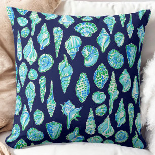 Preppy Sea Shells on Navy Background Throw Pillow