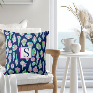 Preppy Sea Shells on Navy Blue Background Seaside Throw Pillow