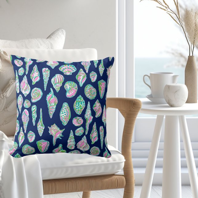 Preppy Sea Shells on Navy Blue Background Seaside Throw Pillow (Creator Uploaded)