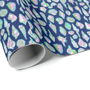 Preppy Sea Shells on Navy Blue Background Seaside Wrapping Paper