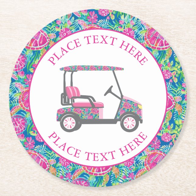 Preppy Sea Turtles Golf Cart Round Paper Coaster (Front)