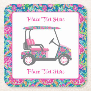 Preppy Sea Turtles Golf Cart Square Paper Coaster