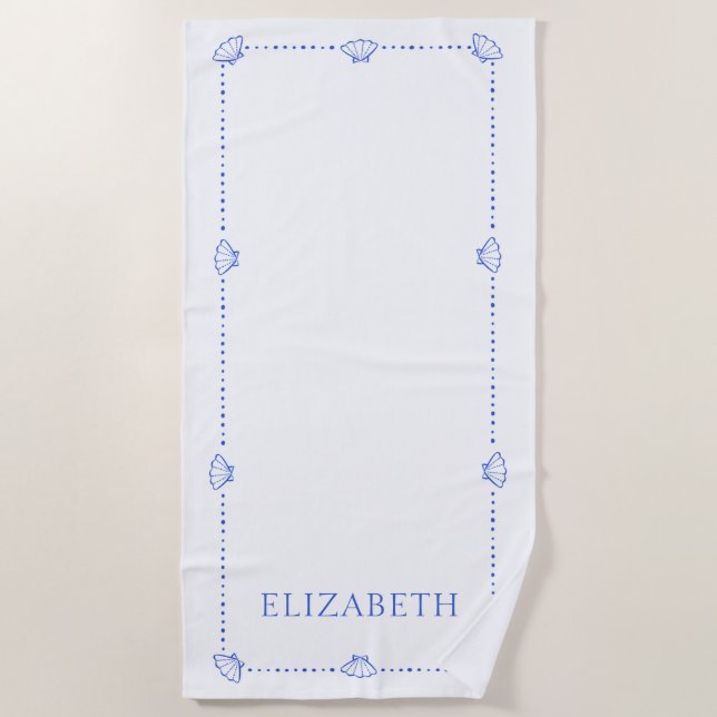 Preppy Seashell Personalized Coastal Modern Cool Beach Towel (Front)
