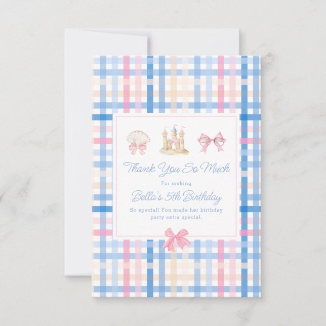 Preppy Seashell Sandcastle Pastel Gingham Thank You Card (Front)