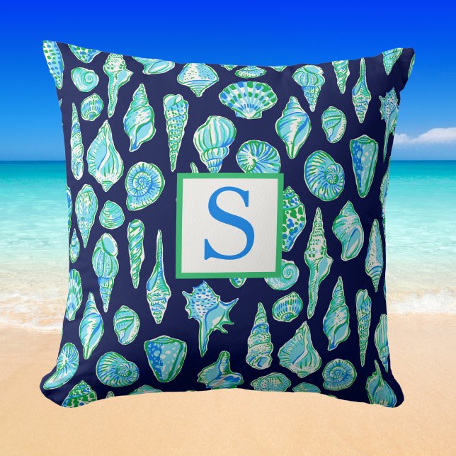 Preppy Seashells Monogram / Coastal Beach Navy Throw Pillow (Creator Uploaded)