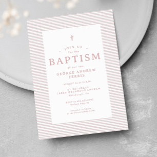 Preppy seersucker stripe pink white baptism invitation