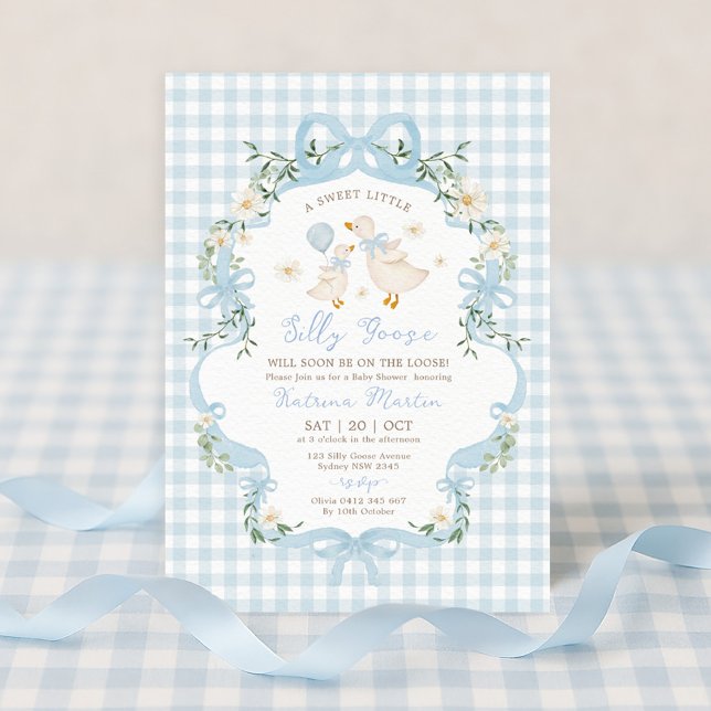 Preppy Silly Goose Blue Bow Boy Baby Shower Invitation (Creator Uploaded)