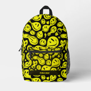 Preppy Smile Back to School Black Yellow Face  Printed Backpack