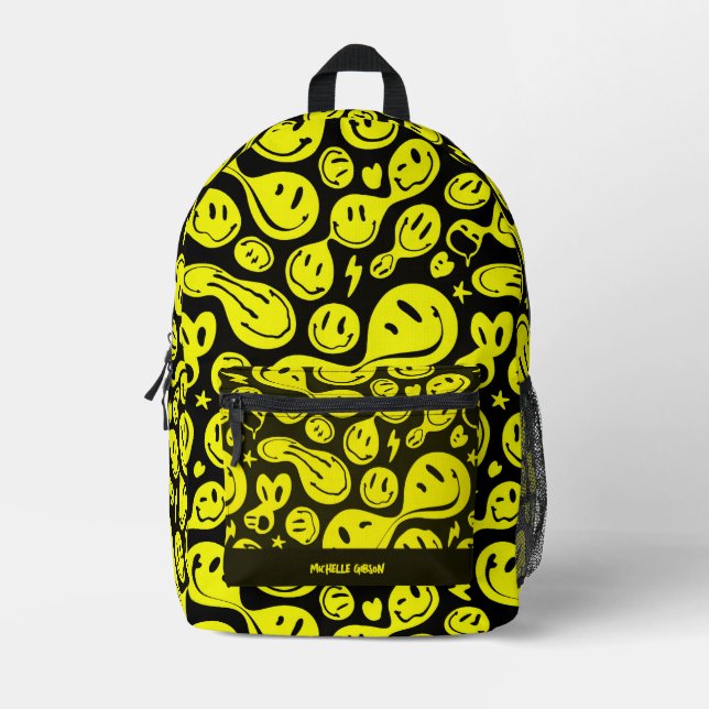 Preppy Smile Back to School Black Yellow Face  Printed Backpack (Front)