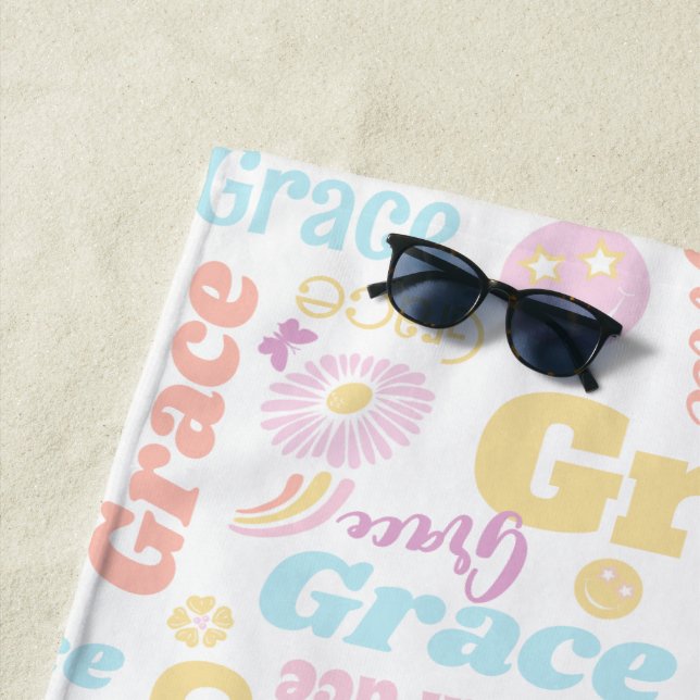 Preppy smilie rainbow flower butterfly custom name beach towel (In Situ)