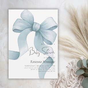 Preppy Soft Blue Bow Coquette Clean Baby Shower Invitation