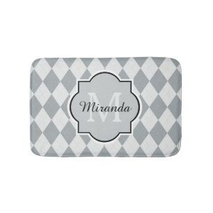 Preppy Soft Grey Argyle Girly Monogram and Name Bath Mat