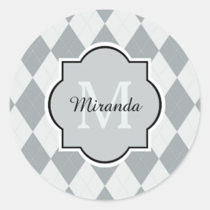 Preppy Soft Grey Argyle Girly Monogram and Name Classic Round Sticker