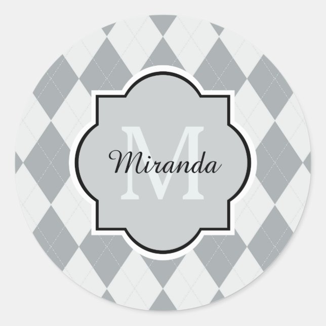Preppy Soft Grey Argyle Girly Monogram and Name Classic Round Sticker (Front)