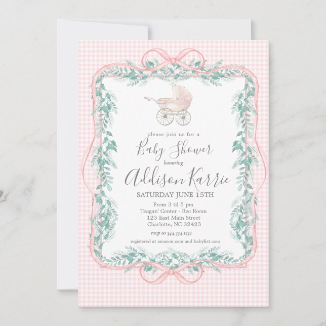 Preppy Southern baby carriage baby shower invite (Front)
