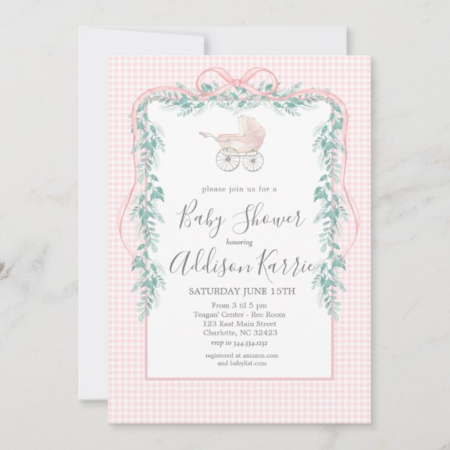 Preppy Southern baby carriage baby shower invite (Front)