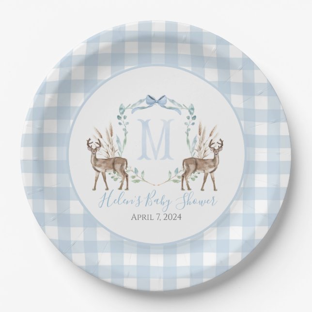 Preppy Southern Blue Boy Deer Baby Shower Paper Plate (Front)