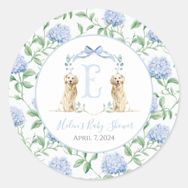 Preppy Southern Blue Boy Dog Baby Shower Classic Round Sticker (Front)
