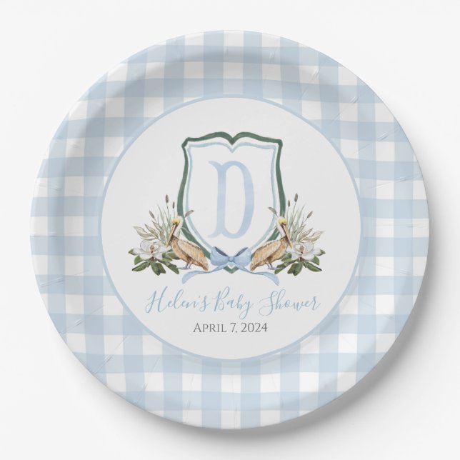 Preppy Southern Blue Boy Pelican Baby Shower Paper Plate (Front)