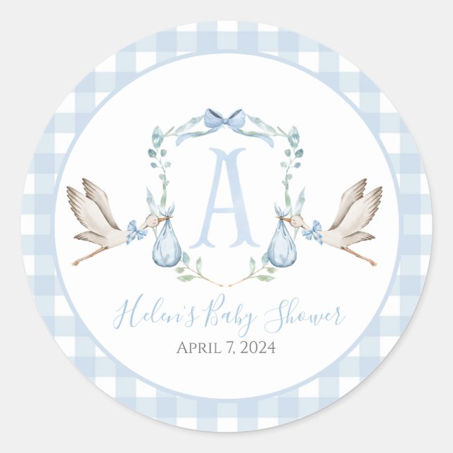 Preppy Southern Blue Boy Stork Baby Shower Classic Round Sticker (Front)