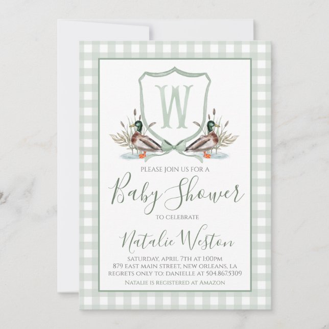 Preppy Southern Duck Sage Green Boy Baby Shower Invitation (Front)