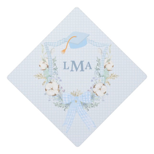 Preppy Southern Gingham Monogram Graduation Cap Topper (Front)