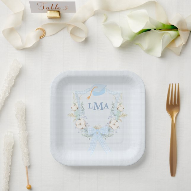 Preppy Southern Gingham Monogram Graduation Paper Plate (Wedding)