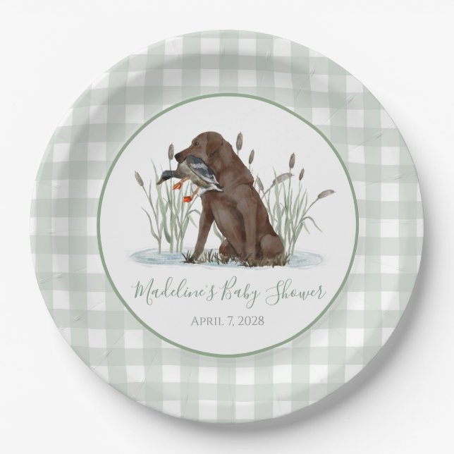 Preppy Southern Green Duck Dog Baby Shower Paper Plate (Front)