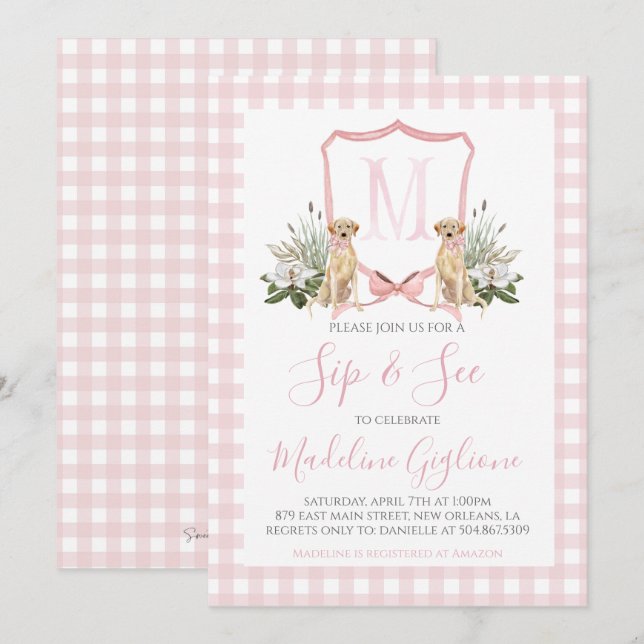 Preppy Southern Pink Dog Girl Sip & See Invitation (Front/Back)