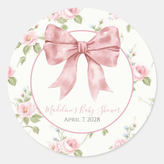 Preppy Southern Pink Floral Girl Baby Shower Classic Round Sticker (Front)