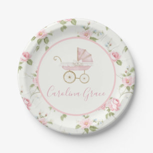 Preppy Southern Pink Floral Girl Baby Shower Paper Plate