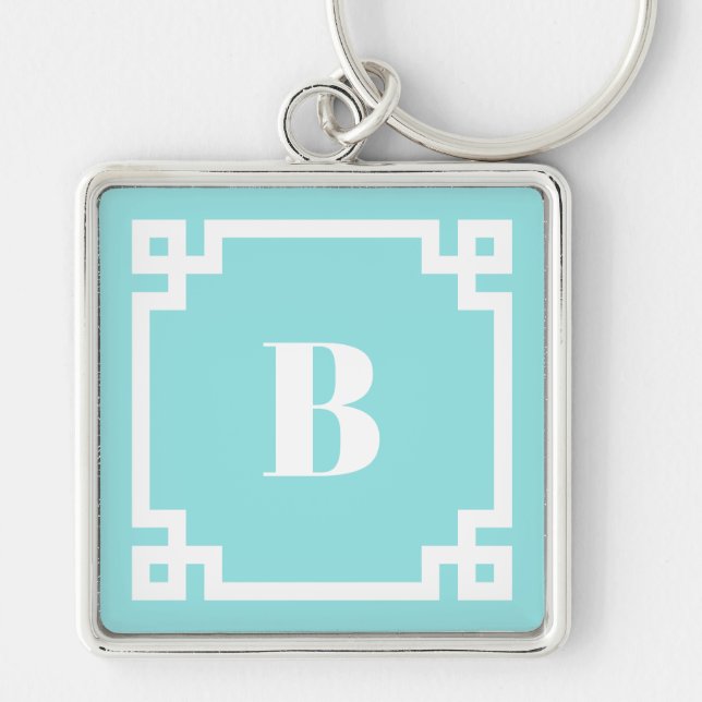 Preppy Square Greek Key Border Aqua Blue Monogram Keychain (Front)