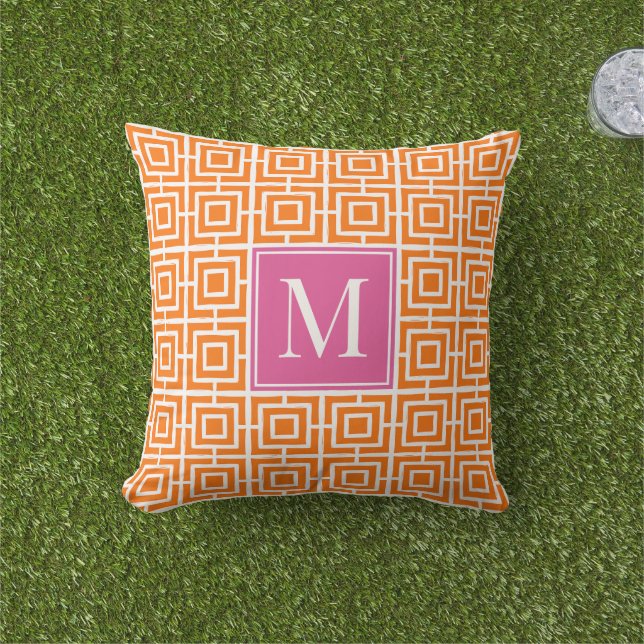 Preppy Square Lattice Monogram Hot Pink & Orange Outdoor Pillow (Grass)