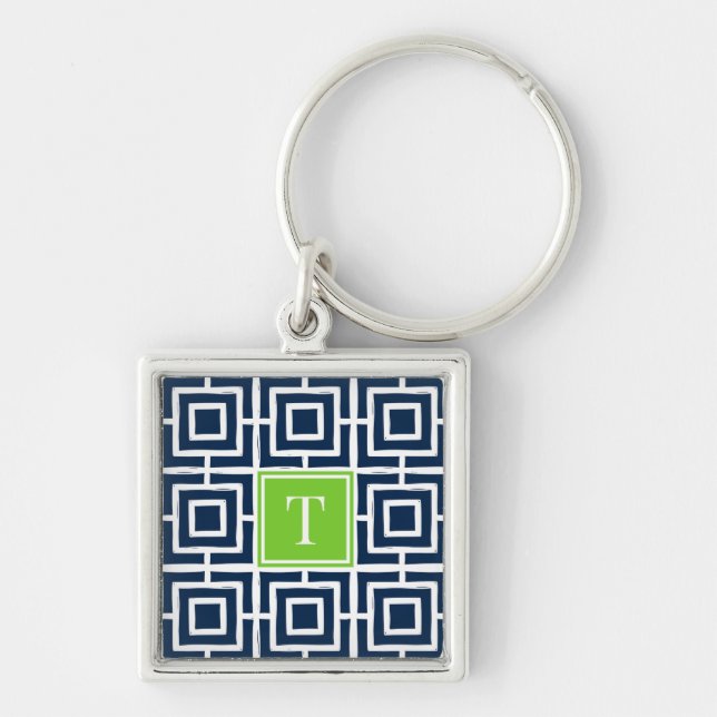Preppy Square Lattice Monogram  - Navy & Lime Keychain (Front)
