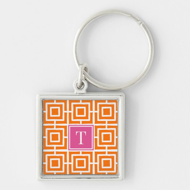 Preppy Square Lattice Monogram  Orange & Hot Pink Keychain (Front)