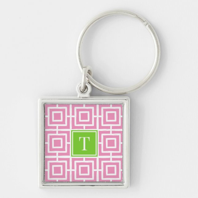 Preppy Square Lattice Monogram  - Pink & Lime Keychain (Front)