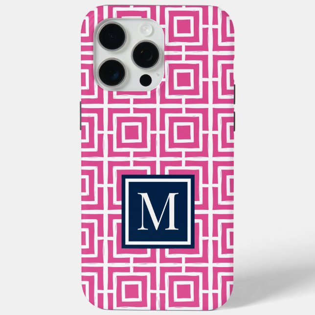 Preppy Square Lattice Monogram – Pink & Navy Case-Mate iPhone Case (Back)