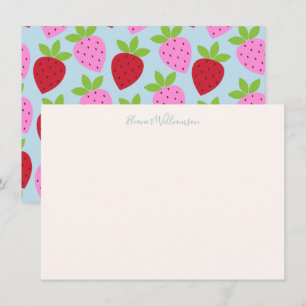 Preppy Strawberry Blue Personalized Stationery Card